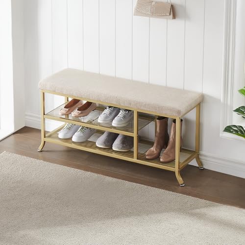 Schuhregal mit Sitzbank, Schuhbank aus Metall mit 3 Gitterablagen Stauraum, platzsparende Schuhschrank mit Schutz gegen Bodenkratzer für 7 Paar Schuhe, für Flur Eingang Schlafzimmer 100x32x48cm von Hapihom