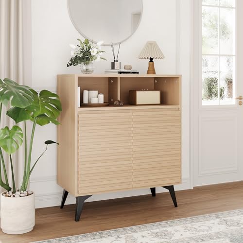 Sideboard, Küchenschrank mit geriffelte Türen, Landhaus Aufbewahrungsschrank mit Verstellbarer Ablage, offen Fächern & Beinen, für Küche, Esszimmer, Wohnzimmer, Diele, Flur 72x35x85cm - Natürliche von Hapihom