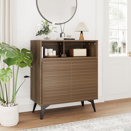 Sideboard, Küchenschrank mit geriffelte Türen, Landhaus Aufbewahrungsschrank mit Verstellbarer Ablage, offen Fächern & Beinen, für Küche, Esszimmer, Wohnzimmer, Diele, Flur 72x35x85cm - Walnuss von Hapihom