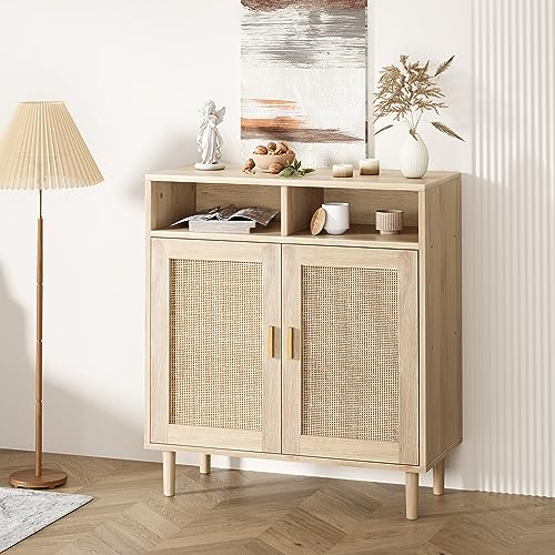 Sideboard mit 2 Rattantüren, Aufbewahrungsschrank mit 2 Staufächer, Boho-Stil Küchenschrank aus Holz mit Arbeitsplatte, Buffetschrank mit Massivholzfüßen für Esszimmer, Wohnzimmer 80x 92x 40 cm Sideboard mit 2 Rattantüren, Aufbewahrungsschrank mit 2 Staufächer, Boho-Stil Küchenschrank aus Holz mit Arbeitsplatte, Buffetschrank mit Massivholzfüßen für Esszimmer, Wohnzimmer 80x 92x 40 cm von Hapihom