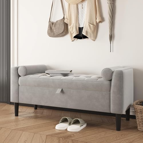 Sitzbank mit Stauraum, 43x118x55cm Moderner Fußbank mit Knopfsteppung, Truhe mit Deckel & Massivholzfüße, Stoff Polsterhocker Truhenbank bis 160 kg belastbar für Wohnzimmer Schlafzimmer Flur - Grau von Hapihom