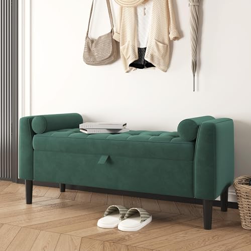Sitzbank mit Stauraum, 43x118x55cm Moderner Fußbank mit Knopfsteppung, Truhe mit Deckel & Massivholzfüße, Stoff Polsterhocker Truhenbank bis 160 kg belastbar für Wohnzimmer Schlafzimmer Flur - Grün von Hapihom