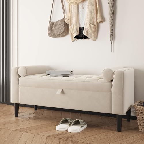 Sitzbank mit Stauraum, 43x118x55cm Moderner Fußbank mit Knopfsteppung, Truhe mit Deckel & Massivholzfüße, Stoff Polsterhocker Truhenbank bis 160 kg belastbar für Wohnzimmer Schlafzimmer Flur - Weiß von Hapihom