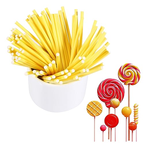 100 Stück Lollipop Sticks, 10 cm Cake Pop Sticks Lutscher Stäbchen Papierstäbchen für lustige Lutscher, Cake Pop Stiele für DIY Herstellung Süßigkeiten, Bonbonschmelze, Pralinen (Gelb) von Hapivida