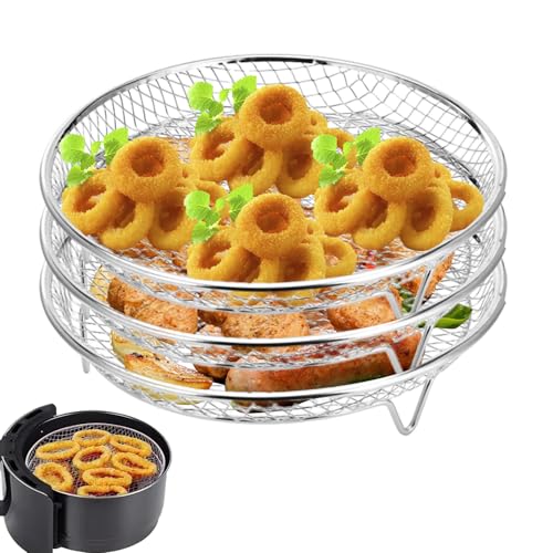 3 Stück Air Fryer Racks 20 cm Edelstahl Runder Air Fryer Stand Dreischichtiges Luftfritteusen Dörrgestell Heißluftfritteuse Grillrost Dehydrate Rack Heißluftfritteuse Zubehör (Rund) von Hapivida