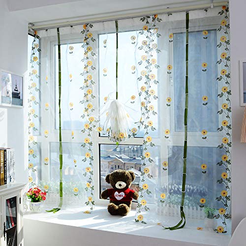 Hapivida Transparente Tüllvorhänge, Sonnenblumenstickerei Scheibengardine Weiß Blumenvorhänge Tüll Hebevorhänge Vorhänge Fenstervorhänge Dekoration für Wohnzimmer (2Pcs-Blume, 80×150CM) von Hapivida