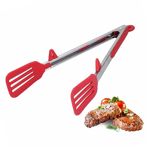 Küchenzange, 22,9 cm/30,5 cm Edelstahl Silikon Servierzange Lebensmittelspatel Klemme Kochzange Antihaft Fischspatel Barbecue Steakzange(12inch-Rot) von Hapivida