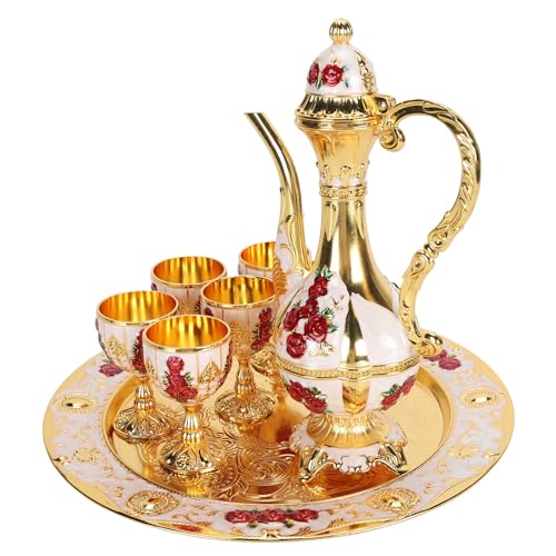 Vintage Tee Set, Marokkanische Eingravierte Luxuriöse Metallkaffeetasse Set mit Goldenen Trimmenden Eleganten Türkischen Kaffee Service Set mit Tablett für Teeparty, Hochzeit (Gold weiß Rot) von Hapivida