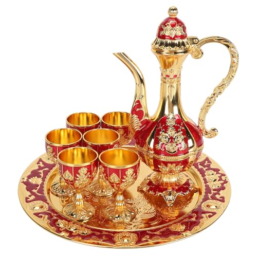 Vintage Tee Set, Marokkanische Eingravierte Luxuriöse Metallkaffeetasse Set mit Goldenen Trimmenden Eleganten Türkischen Kaffee Service Set mit Tablett für Teeparty, Hochzeit (Goldene Fäule) von Hapivida