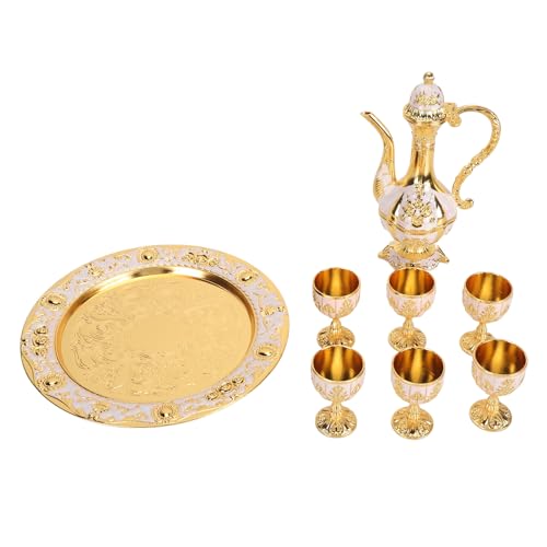 Vintage Tee Set, Marokkanische Eingravierte Luxuriöse Metallkaffeetasse Set mit Goldenen Trimmenden Eleganten Türkischen Kaffee Service Set mit Tablett für Teeparty, Hochzeit (Goldenes Weiß) von Hapivida