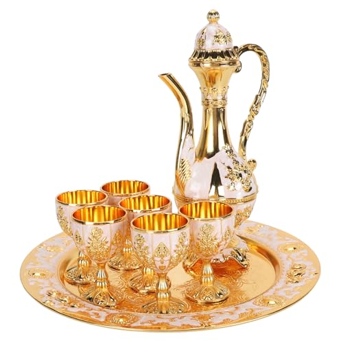 Vintage Tee Set, Marokkanische Eingravierte Luxuriöse Metallkaffeetasse Set mit Goldenen Trimmenden Eleganten Türkischen Kaffee Service Set mit Tablett für Teeparty, Hochzeit (Goldenes Weiß) von Hapivida