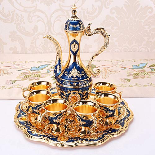 Vintage Türkische Kaffeekanne Set, Metall Weinglas Krug Set Türkische Teekanne mit Tablett und 6 Teegläser, Türkische Teegläser Set für Heimkunst Handwerk Hochzeit (Blau) von Hapivida