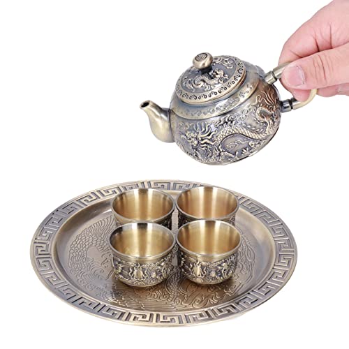 Hapivida Zinklegierung Asiatisches Teeservice, 4 Tassen Chinesische Teekanne Tassenset mit 1 Teetablett, Vintage Metall Teeservice Service für Teeliebhaber/Frauen/Männer von Hapivida