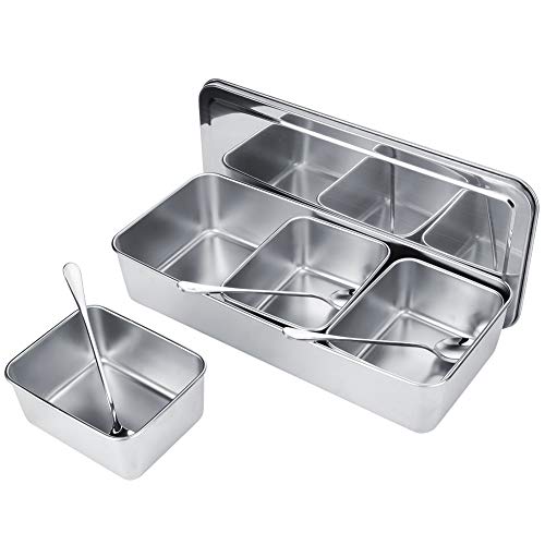 Zutatenbehälter Pizza Edelstahl 344x157x65mm 3 Gitter Gewürzbox Beilagenbehälter Gewürz Behälter Lebensmittelbehälter Küchenutensilien mit Deckel und Löffel von Hapivida