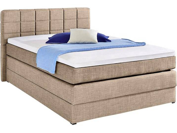 Boxspringbett HAPO, beige, Liegefläche B/L: 140cm x 200cm, kein Härtegrad, Bonnell-Federkernmatratze, Das Bett ist mit pflegeleichtem Feinstrukturstoff in Leinenoptik (100% Polyester) bezogen., Die Oberseite der Unterfederung und die Ober- und Unterseite der Obermatratze sind jeweils mit einem rutschhemmenden Stoff aus 70% Polyester und 30% Polypropylen bespannt., Komplettbetten, Boxspringbett, mit Bettkasten von Hapo