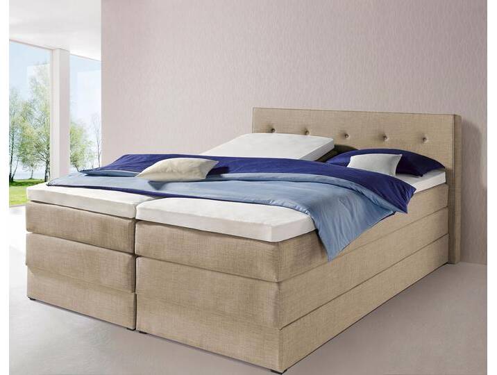 Boxspringbett HAPO, beige, Liegefläche B/L: 200cm x 200cm, kein Härtegrad, Bonnell-Federkernmatratze, Kopfteil, seitliche Unterbox und Obermatratze sind mit pflegeleichtem Feinstrukturstoff in Leinenoptik (100% Polyester) bezogen, Die Oberseite der Unterfederung und die Ober- und Unterseite der Obermatratze sind jeweils mit einem rutschhemmenden Stoff aus 100% Polyester bespannt., Komplettbetten, Boxspringbett, mit Bettkasten Boxspringbett HAPO, beige, Liegefläche B/L: 200cm x 200cm, kein Härtegrad, Bonnell-Federkernmatratze, Kopfteil, seitliche Unterbox und Obermatratze sind mit pflegeleichtem Feinstrukturstoff in Leinenoptik (100% Polyester) bezogen, Die Oberseite der Unterfederung und die Ober- und Unterseite der Obermatratze sind jeweils mit einem rutschhemmenden Stoff aus 100% Polyester bespannt., Komplettbetten, Boxspringbett, mit Bettkasten von Hapo