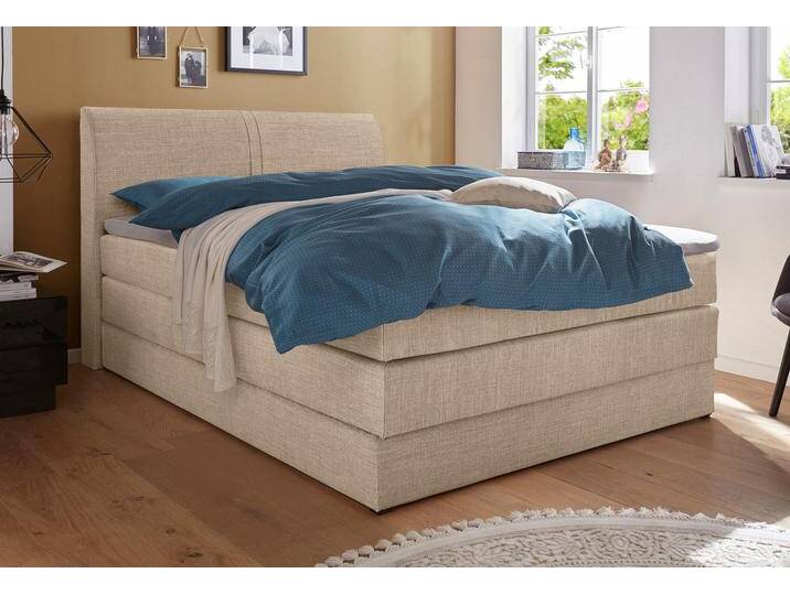 Boxspringbett HAPO, beige (beige, strukturstoff), Liegefläche B/L: 140cm x 200cm, kein Härtegrad, 7-Zonen-Kaltschaummatratze, Kopfteil, seitliche Unterbox und Obermatratze sind mit pflegeleichtem Feinstrukturstoff in Leinenoptik (100% Polyester) oder Kunstleder bezogen, Die Oberseite der Unterfederung und die Ober- und Unterseite der Obermatratze sind jeweils mit einem rutschhemmenden Stoff aus 100% Polyester bespannt., Komplettbetten, Boxspringbett, mit Bettkasten von Hapo