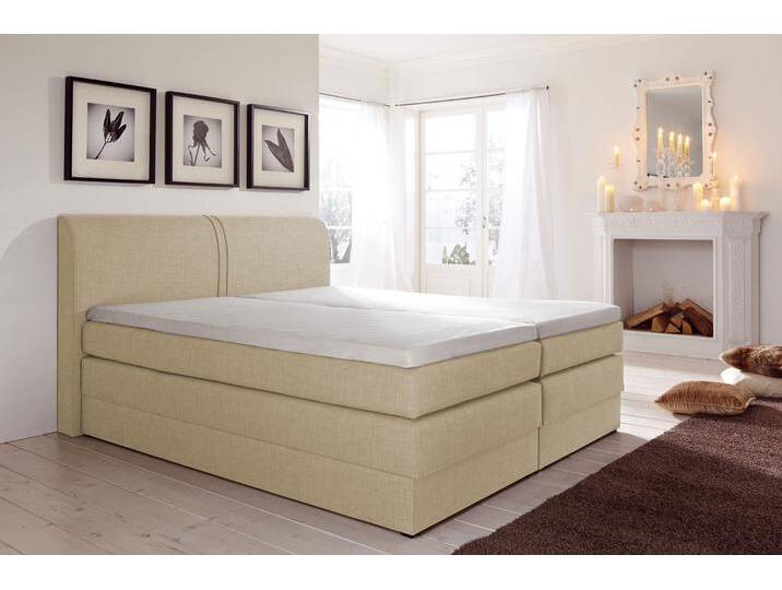 Boxspringbett HAPO, beige (beige, strukturstoff), Liegefläche B/L: 200cm x 200cm, kein Härtegrad, 7-Zonen-Tonnentaschen-Federkernmatratze, Kopfteil, seitliche Unterbox und Obermatratze sind mit pflegeleichtem Feinstrukturstoff in Leinenoptik (100% Polyester) oder Kunstleder bezogen, Die Oberseite der Unterfederung und die Ober- und Unterseite der Obermatratze sind jeweils mit einem rutschhemmenden Stoff aus 100% Polyester bespannt., Komplettbetten, Boxspringbett, mit Bettkasten von Hapo