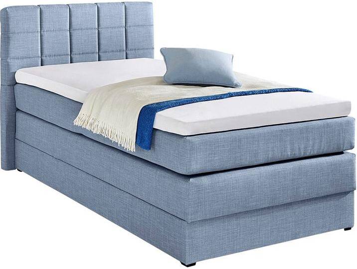 Boxspringbett HAPO, blau, Liegefläche B/L: 100cm x 200cm, kein Härtegrad, 7-Zonen-Kaltschaummatratze, Das Bett ist mit pflegeleichtem Feinstrukturstoff in Leinenoptik (100% Polyester) bezogen., Die Oberseite der Unterfederung und die Ober- und Unterseite der Obermatratze sind jeweils mit einem rutschhemmenden Stoff aus 70% Polyester und 30% Polypropylen bespannt., Komplettbetten, Boxspringbett, mit Bettkasten von Hapo