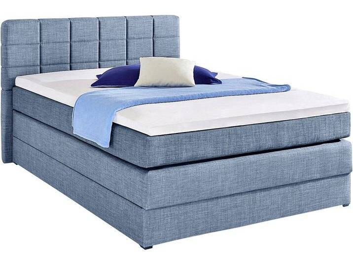 Boxspringbett HAPO, blau, Liegefläche B/L: 140cm x 200cm, kein Härtegrad, Bonnell-Federkernmatratze, Das Bett ist mit pflegeleichtem Feinstrukturstoff in Leinenoptik (100% Polyester) bezogen., Die Oberseite der Unterfederung und die Ober- und Unterseite der Obermatratze sind jeweils mit einem rutschhemmenden Stoff aus 70% Polyester und 30% Polypropylen bespannt., Komplettbetten, Boxspringbett, mit Bettkasten von Hapo