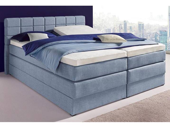 Boxspringbett HAPO, blau, Liegefläche B/L: 200cm x 200cm, kein Härtegrad, 7-Zonen-Tonnentaschen-Federkernmatratze, Das Bett ist mit pflegeleichtem Feinstrukturstoff in Leinenoptik (100% Polyester) bezogen., Die Oberseite der Unterfederung und die Ober- und Unterseite der Obermatratze sind jeweils mit einem rutschhemmenden Stoff aus 70% Polyester und 30% Polypropylen bespannt., Komplettbetten, Boxspringbett, mit Bettkasten von Hapo