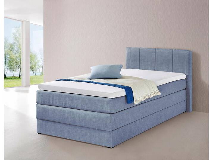 Boxspringbett HAPO, blau (hellblau), Liegefläche B/L: 100cm x 200cm, kein Härtegrad, 7-Zonen-Kaltschaummatratze, Kopfteil, seitliche Unterbox und Obermatratze sind mit pflegeleichtem Feinstrukturstoff in Leinenoptik (100% Polyester) bezogen, Die Oberseite der Unterfederung und die Ober- und Unterseite der Obermatratze sind jeweils mit einem rutschhemmenden Stoff aus 100% Polyester bespannt., Komplettbetten, Boxspringbett, mit Bettkasten von Hapo