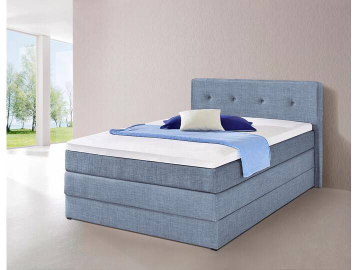 Boxspringbett HAPO, blau (hellblau), Liegefläche B/L: 140cm x 200cm, kein Härtegrad, 7-Zonen-Kaltschaummatratze, Kopfteil, seitliche Unterbox und Obermatratze sind mit pflegeleichtem Feinstrukturstoff in Leinenoptik (100% Polyester) bezogen, Die Oberseite der Unterfederung und die Ober- und Unterseite der Obermatratze sind jeweils mit einem rutschhemmenden Stoff aus 100% Polyester bespannt., Komplettbetten, Boxspringbett, mit Bettkasten von Hapo