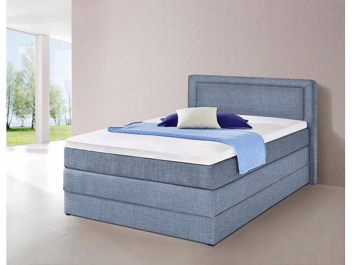 Boxspringbett HAPO, blau (hellblau), Liegefläche B/L: 140cm x 200cm, kein Härtegrad, Bonnell-Federkernmatratze, Kopfteil, seitliche Unterbox und Obermatratze sind mit pflegeleichtem Feinstrukturstoff in Leinenoptik (100% Polyester) bezogen, Die Oberseite der Unterfederung und die Ober- und Unterseite der Obermatratze sind jeweils mit einem rutschhemmenden Stoff aus 100% Polyester bespannt., Komplettbetten, Boxspringbett, mit Bettkasten von Hapo