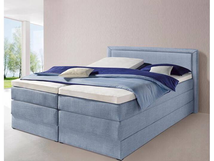 Boxspringbett HAPO, blau (hellblau), Liegefläche B/L: 180cm x 200cm, kein Härtegrad, 7-Zonen-Tonnentaschen-Federkernmatratze, Kopfteil, seitliche Unterbox und Obermatratze sind mit pflegeleichtem Feinstrukturstoff in Leinenoptik (100% Polyester) bezogen, Die Oberseite der Unterfederung und die Ober- und Unterseite der Obermatratze sind jeweils mit einem rutschhemmenden Stoff aus 100% Polyester bespannt., Komplettbetten, Boxspringbett, mit Bettkasten von Hapo