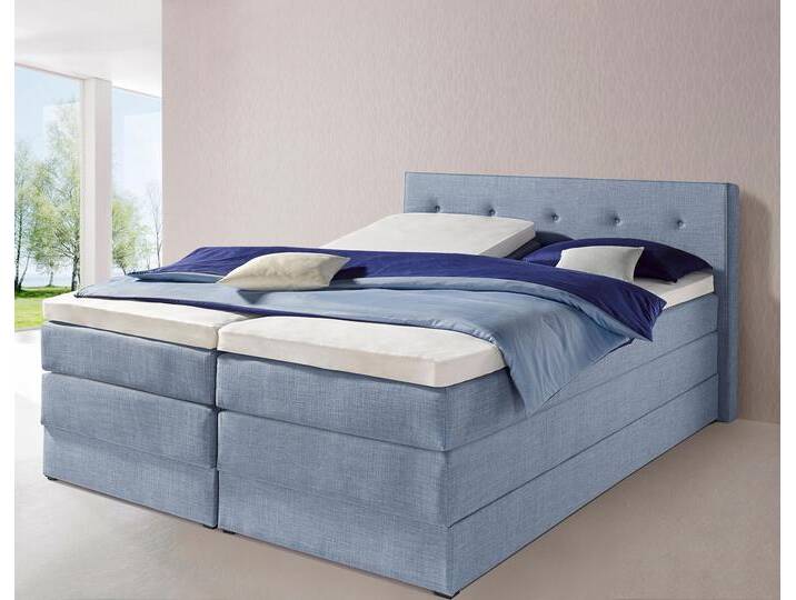 Boxspringbett HAPO, blau (hellblau), Liegefläche B/L: 200cm x 200cm, kein Härtegrad, 7-Zonen-Tonnentaschen-Federkernmatratze, Kopfteil, seitliche Unterbox und Obermatratze sind mit pflegeleichtem Feinstrukturstoff in Leinenoptik (100% Polyester) bezogen, Die Oberseite der Unterfederung und die Ober- und Unterseite der Obermatratze sind jeweils mit einem rutschhemmenden Stoff aus 100% Polyester bespannt., Komplettbetten, Boxspringbett, mit Bettkasten von Hapo