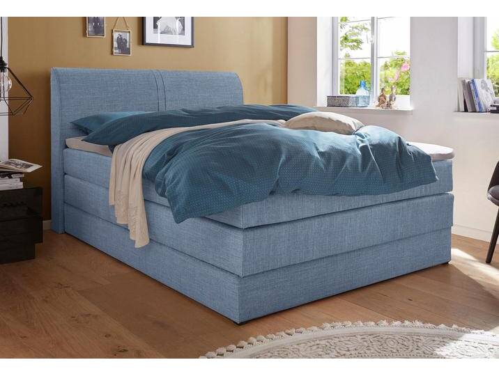 Boxspringbett HAPO, blau (hellblau, strukturstoff), Liegefläche B/L: 140cm x 200cm, kein Härtegrad, 7-Zonen-Tonnentaschen-Federkernmatratze, Kopfteil, seitliche Unterbox und Obermatratze sind mit pflegeleichtem Feinstrukturstoff in Leinenoptik (100% Polyester) oder Kunstleder bezogen, Die Oberseite der Unterfederung und die Ober- und Unterseite der Obermatratze sind jeweils mit einem rutschhemmenden Stoff aus 100% Polyester bespannt., Komplettbetten, Boxspringbett, mit Bettkasten von Hapo