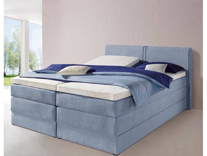 Boxspringbett HAPO, blau (hellblau, strukturstoff), Liegefläche B/L: 200cm x 200cm, kein Härtegrad, 7-Zonen-Kaltschaummatratze, Kopfteil, seitliche Unterbox und Obermatratze sind mit pflegeleichtem Feinstrukturstoff in Leinenoptik (100% Polyester) oder Kunstleder bezogen, Die Oberseite der Unterfederung und die Ober- und Unterseite der Obermatratze sind jeweils mit einem rutschhemmenden Stoff aus 100% Polyester bespannt., Komplettbetten, Boxspringbett, mit Bettkasten von Hapo