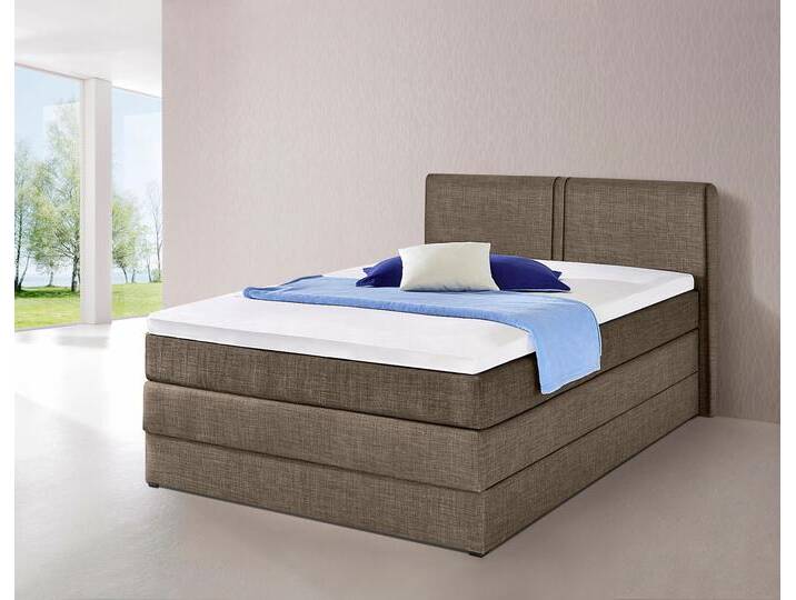 Boxspringbett HAPO, braun (hellbraun, strukturstoff), Liegefläche B/L: 140cm x 200cm, kein Härtegrad, 7-Zonen-Kaltschaummatratze, Kopfteil, seitliche Unterbox und Obermatratze sind mit pflegeleichtem Feinstrukturstoff in Leinenoptik (100% Polyester) oder Kunstleder bezogen, Die Oberseite der Unterfederung und die Ober- und Unterseite der Obermatratze sind jeweils mit einem rutschhemmenden Stoff aus 100% Polyester bespannt., Komplettbetten, Boxspringbett, mit Bettkasten von Hapo