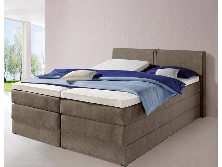 Boxspringbett HAPO, braun (hellbraun, strukturstoff), Liegefläche B/L: 160cm x 200cm, kein Härtegrad, Bonnell-Federkernmatratze, Kopfteil, seitliche Unterbox und Obermatratze sind mit pflegeleichtem Feinstrukturstoff in Leinenoptik (100% Polyester) oder Kunstleder bezogen, Die Oberseite der Unterfederung und die Ober- und Unterseite der Obermatratze sind jeweils mit einem rutschhemmenden Stoff aus 100% Polyester bespannt., Komplettbetten, Boxspringbett, mit Bettkasten von Hapo