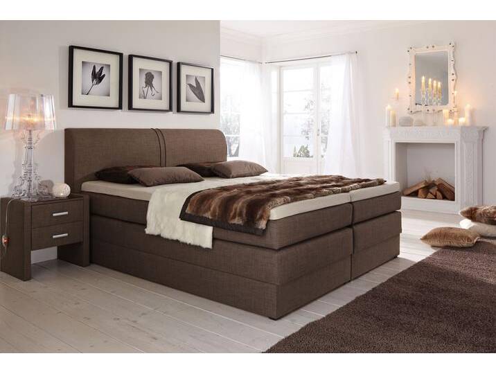 Boxspringbett HAPO, braun (hellbraun, strukturstoff), Liegefläche B/L: 200cm x 200cm, kein Härtegrad, 7-Zonen-Tonnentaschen-Federkernmatratze, Kopfteil, seitliche Unterbox und Obermatratze sind mit pflegeleichtem Feinstrukturstoff in Leinenoptik (100% Polyester) oder Kunstleder bezogen, Die Oberseite der Unterfederung und die Ober- und Unterseite der Obermatratze sind jeweils mit einem rutschhemmenden Stoff aus 100% Polyester bespannt., Komplettbetten, Boxspringbett, mit Bettkasten von Hapo