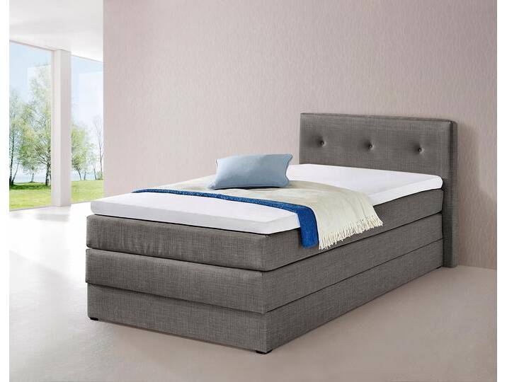 Boxspringbett HAPO, grau (anthrazit), Liegefläche B/L: 100cm x 200cm, kein Härtegrad, Bonnell-Federkernmatratze, Kopfteil, seitliche Unterbox und Obermatratze sind mit pflegeleichtem Feinstrukturstoff in Leinenoptik (100% Polyester) bezogen, Die Oberseite der Unterfederung und die Ober- und Unterseite der Obermatratze sind jeweils mit einem rutschhemmenden Stoff aus 100% Polyester bespannt., Komplettbetten, Boxspringbett, mit Bettkasten von Hapo