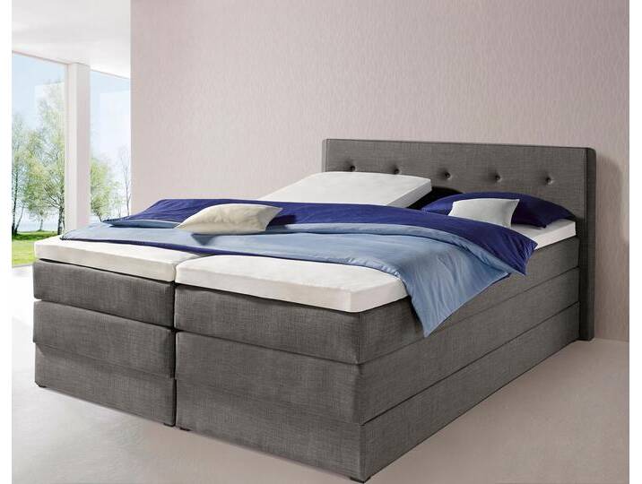 Boxspringbett HAPO, grau (anthrazit), Liegefläche B/L: 160cm x 200cm, kein Härtegrad, Bonnell-Federkernmatratze, Kopfteil, seitliche Unterbox und Obermatratze sind mit pflegeleichtem Feinstrukturstoff in Leinenoptik (100% Polyester) bezogen, Die Oberseite der Unterfederung und die Ober- und Unterseite der Obermatratze sind jeweils mit einem rutschhemmenden Stoff aus 100% Polyester bespannt., Komplettbetten, Boxspringbett, mit Bettkasten von Hapo