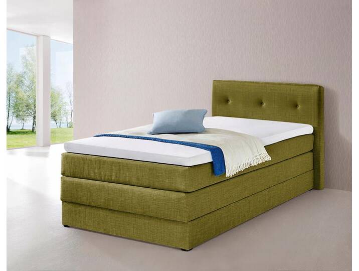 Boxspringbett HAPO, grün, Liegefläche B/L: 100cm x 200cm, kein Härtegrad, 7-Zonen-Kaltschaummatratze, Kopfteil, seitliche Unterbox und Obermatratze sind mit pflegeleichtem Feinstrukturstoff in Leinenoptik (100% Polyester) bezogen, Die Oberseite der Unterfederung und die Ober- und Unterseite der Obermatratze sind jeweils mit einem rutschhemmenden Stoff aus 100% Polyester bespannt., Komplettbetten, Boxspringbett, mit Bettkasten von Hapo