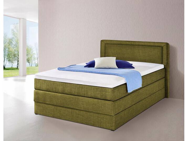 Boxspringbett HAPO, grün, Liegefläche B/L: 140cm x 200cm, kein Härtegrad, 7-Zonen-Kaltschaummatratze, Kopfteil, seitliche Unterbox und Obermatratze sind mit pflegeleichtem Feinstrukturstoff in Leinenoptik (100% Polyester) bezogen, Die Oberseite der Unterfederung und die Ober- und Unterseite der Obermatratze sind jeweils mit einem rutschhemmenden Stoff aus 100% Polyester bespannt., Komplettbetten, Boxspringbett, mit Bettkasten von Hapo