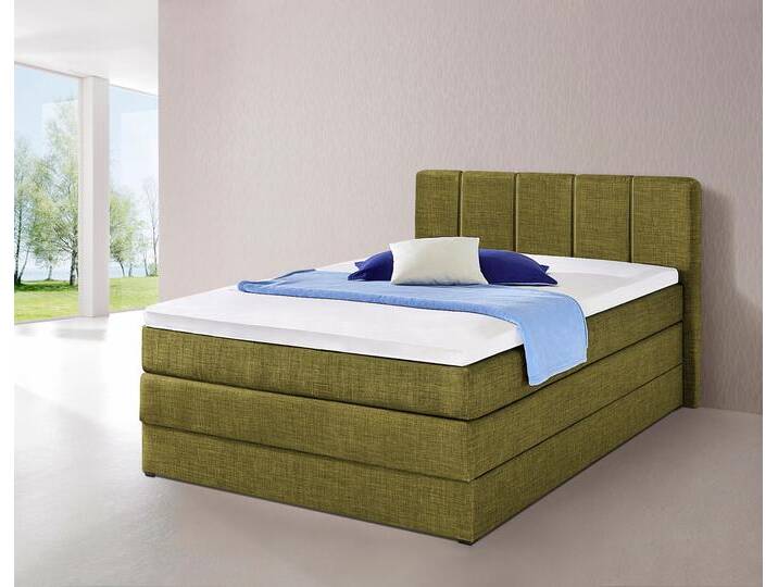 Boxspringbett HAPO, grün, Liegefläche B/L: 140cm x 200cm, kein Härtegrad, Bonnell-Federkernmatratze, Kopfteil, seitliche Unterbox und Obermatratze sind mit pflegeleichtem Feinstrukturstoff in Leinenoptik (100% Polyester) bezogen, Die Oberseite der Unterfederung und die Ober- und Unterseite der Obermatratze sind jeweils mit einem rutschhemmenden Stoff aus 100% Polyester bespannt., Komplettbetten, Boxspringbett, mit Bettkasten von Hapo