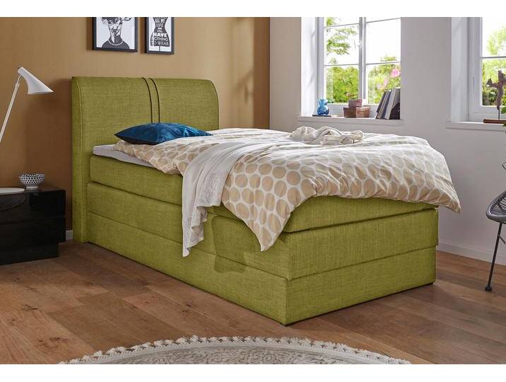 Boxspringbett HAPO, grün (grün, strukturstoff), Liegefläche B/L: 100cm x 200cm, kein Härtegrad, 7-Zonen-Kaltschaummatratze, Kopfteil, seitliche Unterbox und Obermatratze sind mit pflegeleichtem Feinstrukturstoff in Leinenoptik (100% Polyester) oder Kunstleder bezogen, Die Oberseite der Unterfederung und die Ober- und Unterseite der Obermatratze sind jeweils mit einem rutschhemmenden Stoff aus 100% Polyester bespannt., Komplettbetten, Boxspringbett, mit Bettkasten von Hapo