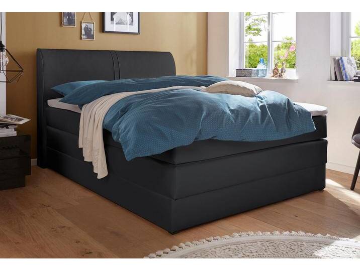 Boxspringbett HAPO, schwarz (schwarz, kunstleder), Liegefläche B/L: 140cm x 200cm, kein Härtegrad, Bonnell-Federkernmatratze, Kopfteil, seitliche Unterbox und Obermatratze sind mit pflegeleichtem Feinstrukturstoff in Leinenoptik (100% Polyester) oder Kunstleder bezogen, Die Oberseite der Unterfederung und die Ober- und Unterseite der Obermatratze sind jeweils mit einem rutschhemmenden Stoff aus 100% Polyester bespannt., Komplettbetten, Boxspringbett, mit Bettkasten von Hapo