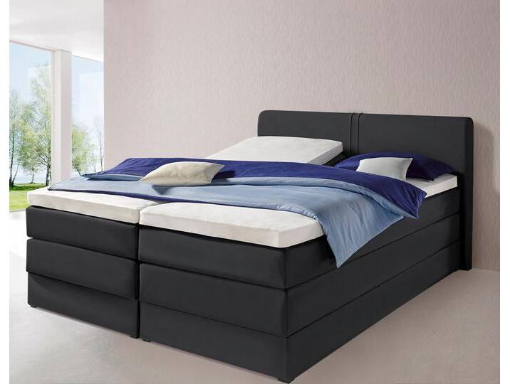 Boxspringbett HAPO, schwarz (schwarz, kunstleder), Liegefläche B/L: 200cm x 200cm, kein Härtegrad, 7-Zonen-Tonnentaschen-Federkernmatratze, Kopfteil, seitliche Unterbox und Obermatratze sind mit pflegeleichtem Feinstrukturstoff in Leinenoptik (100% Polyester) oder Kunstleder bezogen, Die Oberseite der Unterfederung und die Ober- und Unterseite der Obermatratze sind jeweils mit einem rutschhemmenden Stoff aus 100% Polyester bespannt., Komplettbetten, Boxspringbett, mit Bettkasten von Hapo