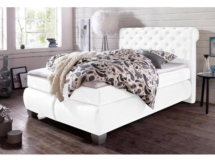 Boxspringbett HAPO, weiß, B:154cm L:230cm, Spiegelflächen der Oberseite der Unterfederung und die Ober- und Unterseite der Obermatratze sind jeweils mit einem rutschhemmenden Stoff aus 100% Polyester bespannt., Kopfteil, seitliche Unterbox und Obermatratze: Samtbezug (100% Polyester) oder Kunstleder, Komplettbetten, Boxspringbett von Hapo