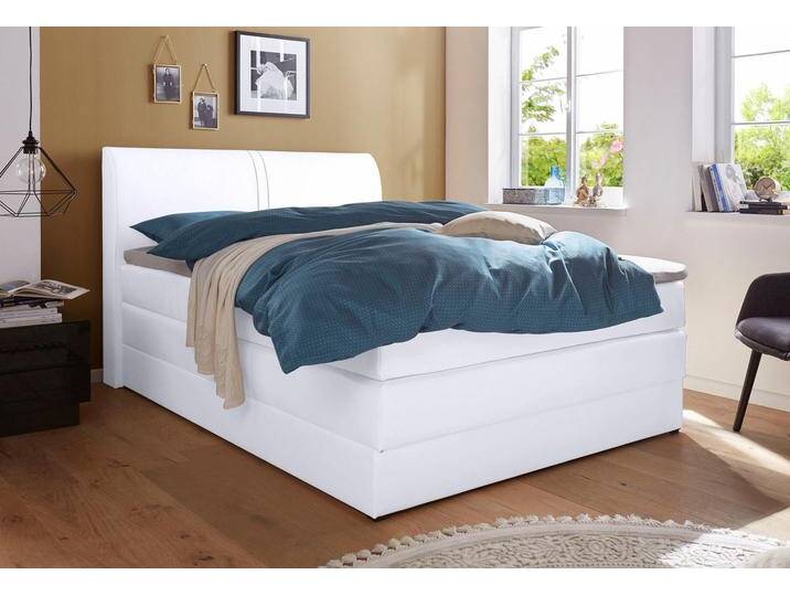 Boxspringbett HAPO, weiß (weiß, kunstleder), Liegefläche B/L: 140cm x 200cm, kein Härtegrad, 7-Zonen-Tonnentaschen-Federkernmatratze, Kopfteil, seitliche Unterbox und Obermatratze sind mit pflegeleichtem Feinstrukturstoff in Leinenoptik (100% Polyester) oder Kunstleder bezogen, Die Oberseite der Unterfederung und die Ober- und Unterseite der Obermatratze sind jeweils mit einem rutschhemmenden Stoff aus 100% Polyester bespannt., Komplettbetten, Boxspringbett, mit Bettkasten von Hapo