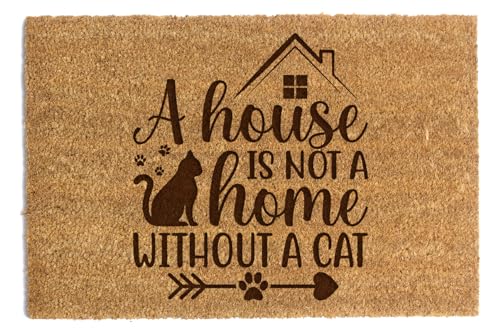Happenings Fußmatte aus Kokosfaser – Lustige Fußmatte mit der Aufschrift „A house is not a home without cat“ – Als Geschenk – Fußmatte für zu Hause (40x60cm) von Happenings