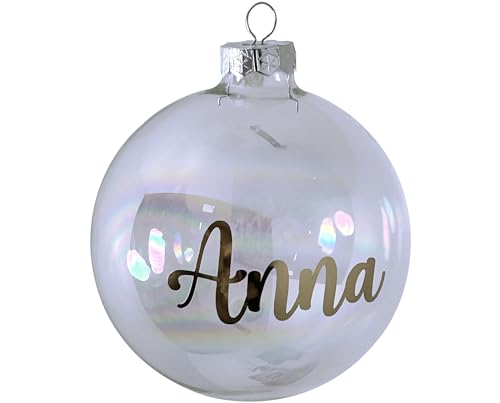 Personalisierte Weihnachtskugel mit Namen oder Irgendein Text Ø 10 cm, Christbaumkugel aus mattiertem/glänzendem Glas, individuelle Weihnachtsdeko, Goldener Text (Transparent) von Happenings