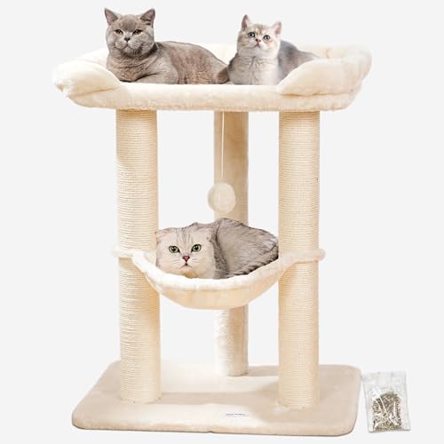 Happi N Pets 71 cm Kratzbaum für Katzen, Hoher Kratzstamm mit großem Bett für große Katzen, Sisal-Kratzbaum mit weicher Liegefläche & Hängematte, Stabiler Katzenbaum, Abnehmbarer Bezug-Beige von Happi N Pets