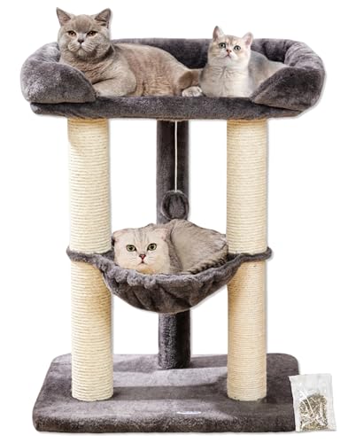 Happi N Pets 71 cm Kratzbaum für Katzen, Hoher Kratzstamm mit großem Bett für große Katzen, Sisal-Kratzbaum mit weicher Liegefläche & Hängematte, Stabiler Katzenbaum, Abnehmbarer Bezug-Grau von Happi N Pets