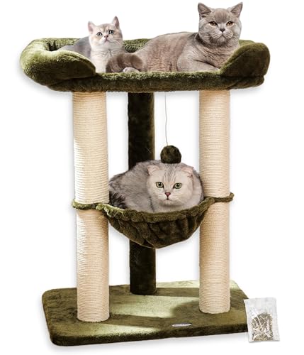 Happi N Pets 71 cm Kratzbaum für Katzen, Hoher Kratzstamm mit großem Bett für große Katzen, Sisal-Kratzbaum mit weicher Liegefläche & Hängematte, Stabiler Katzenbaum, Abnehmbarer Bezug-Grün von Happi N Pets